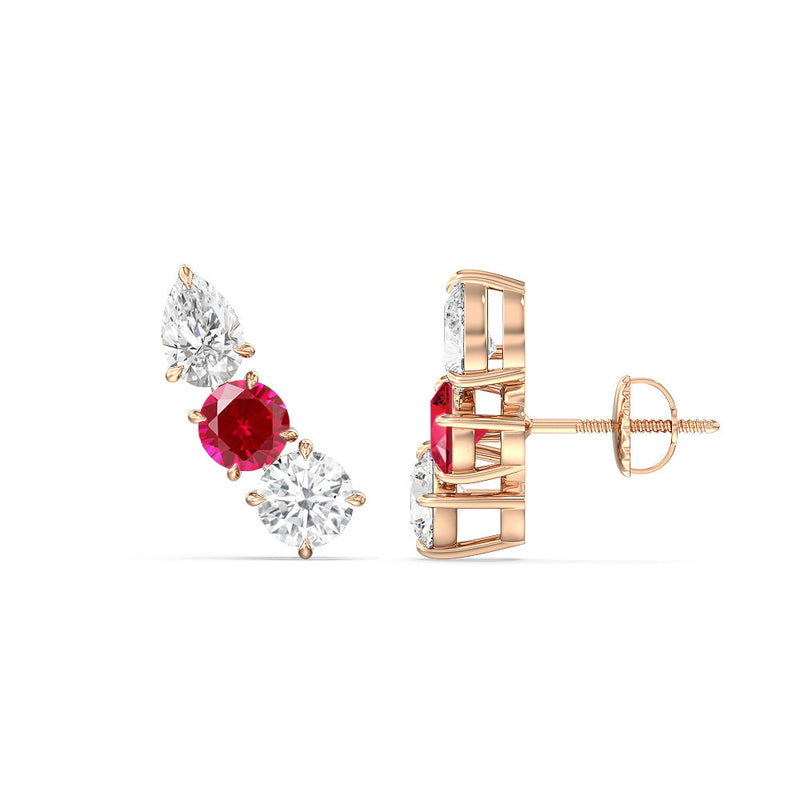 Trilogy Round and Pear Diamond and Created Ruby Climber Earrings
