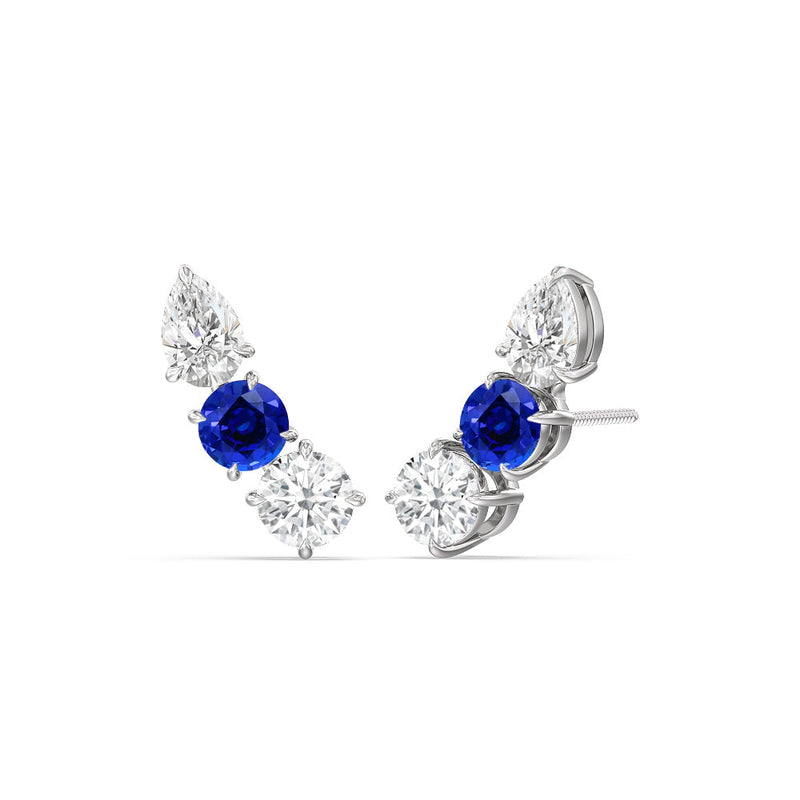 Trilogy Round and Pear Diamond and Created Sapphire Climber Earrings