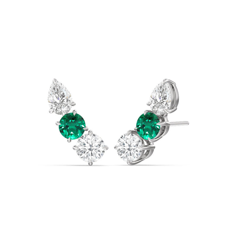 Trilogy Round and Pear Diamond and Created Emerald Climber Earrings