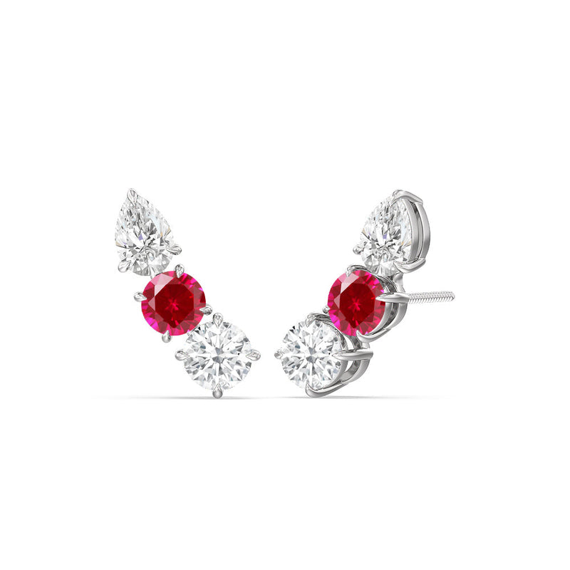 Trilogy Round and Pear Diamond and Created Ruby Climber Earrings