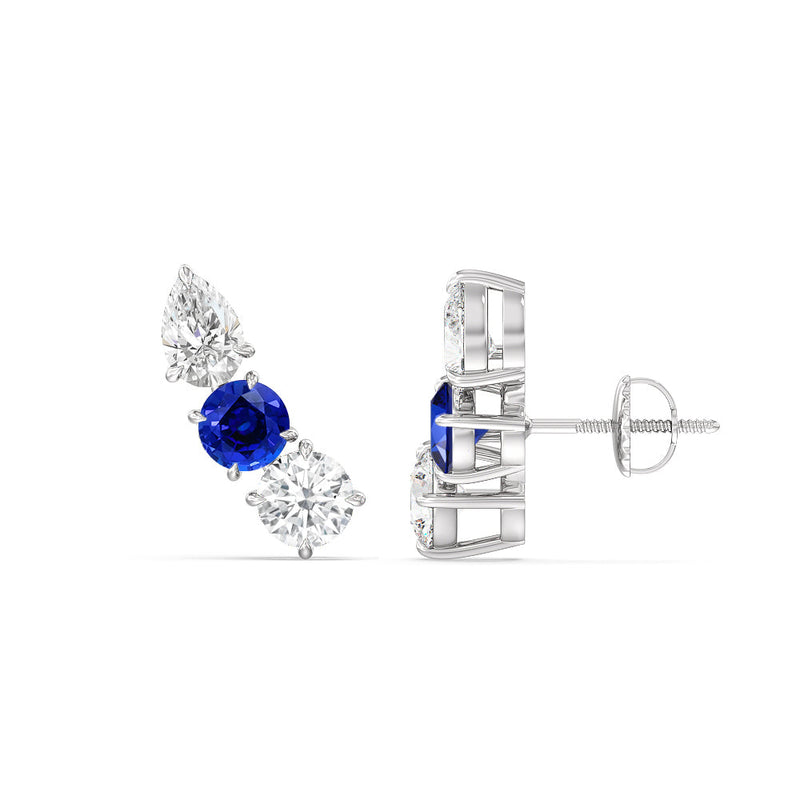 Trilogy Round and Pear Diamond and Created Sapphire Climber Earrings