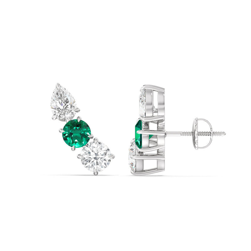 Trilogy Round and Pear Diamond and Created Emerald Climber Earrings