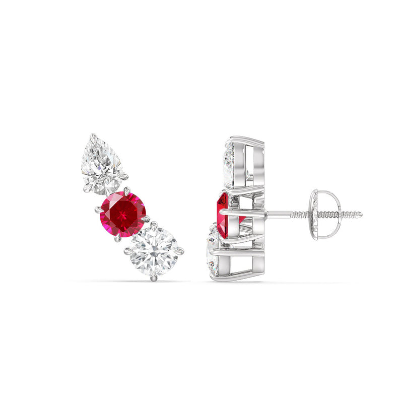 Trilogy Round and Pear Diamond and Created Ruby Climber Earrings