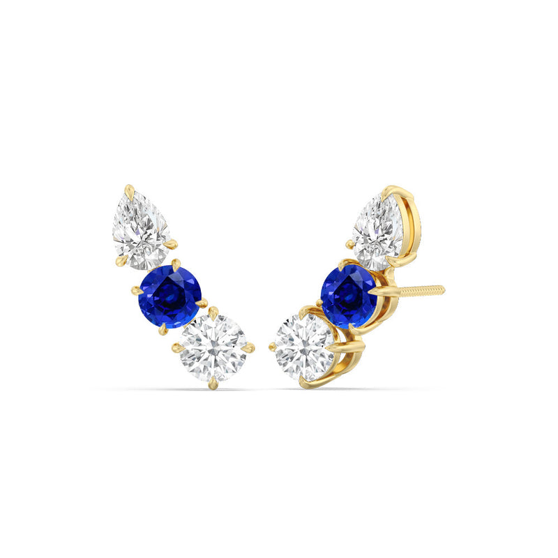 Trilogy Round and Pear Diamond and Created Sapphire Climber Earrings