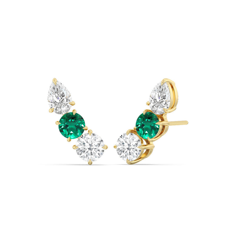 Trilogy Round and Pear Diamond and Created Emerald Climber Earrings