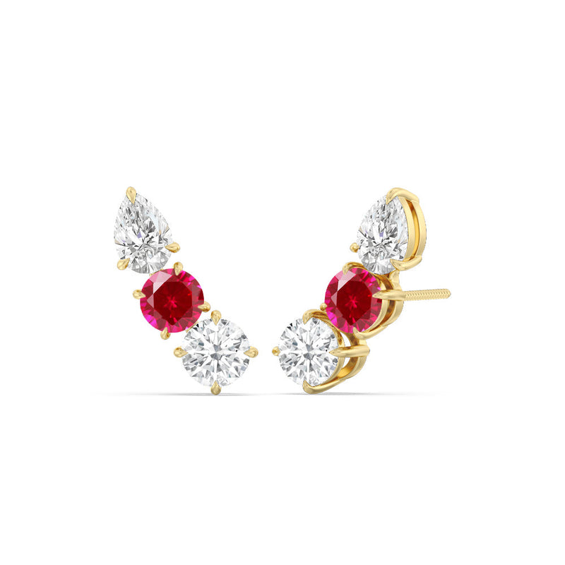 Trilogy Round and Pear Diamond and Created Ruby Climber Earrings