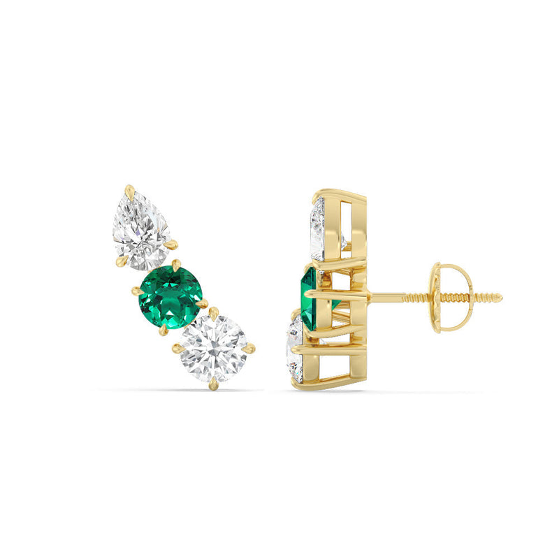 Trilogy Round and Pear Diamond and Created Emerald Climber Earrings