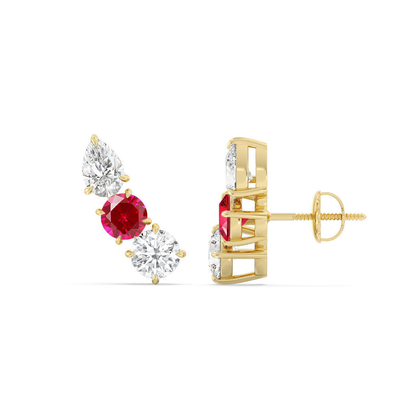 Trilogy Round and Pear Diamond and Created Ruby Climber Earrings