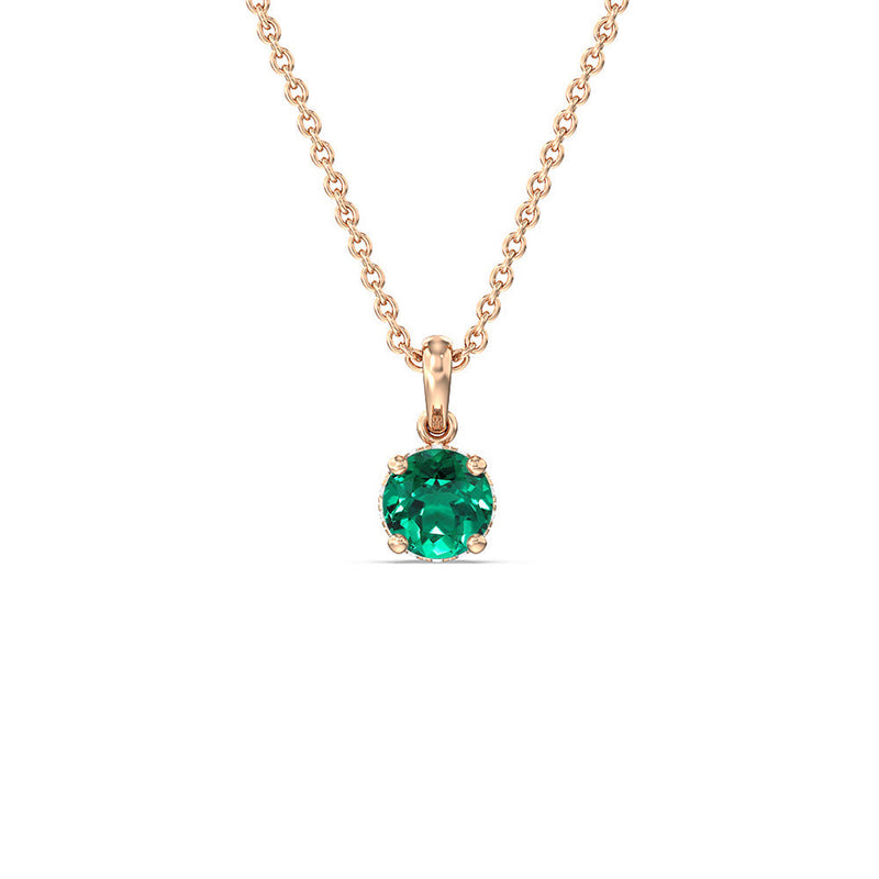 Round Shape Created Emerald and Lab Diamond Classic Solitaire Under Halo Pendant