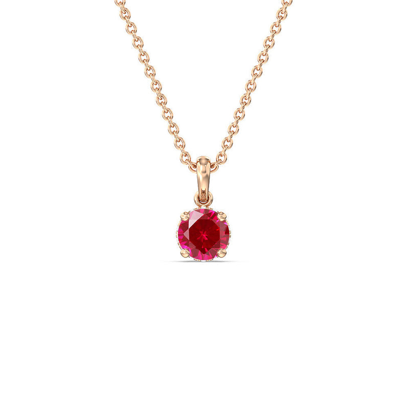 Round Created Ruby and Lab Diamond Classic Solitaire Under Halo Pendant