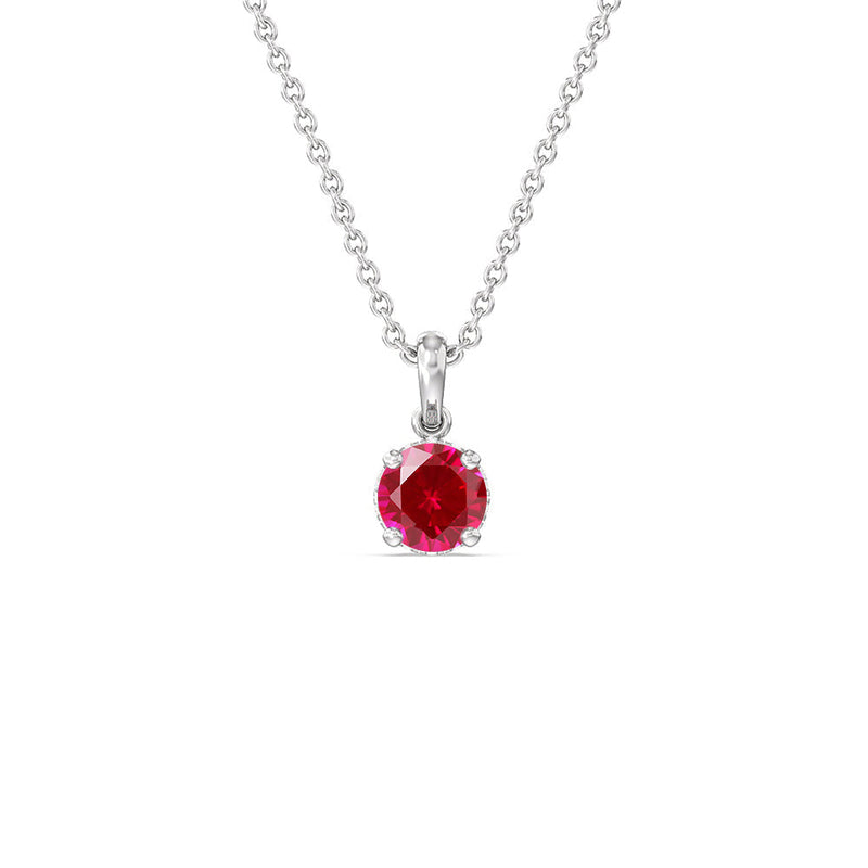 Round Created Ruby and Lab Diamond Classic Solitaire Under Halo Pendant