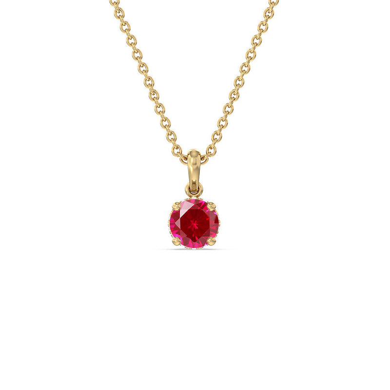Round Created Ruby and Lab Diamond Classic Solitaire Under Halo Pendant