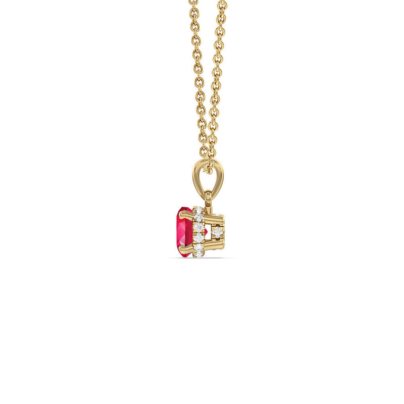 Round Created Ruby and Lab Diamond Classic Solitaire Under Halo Pendant