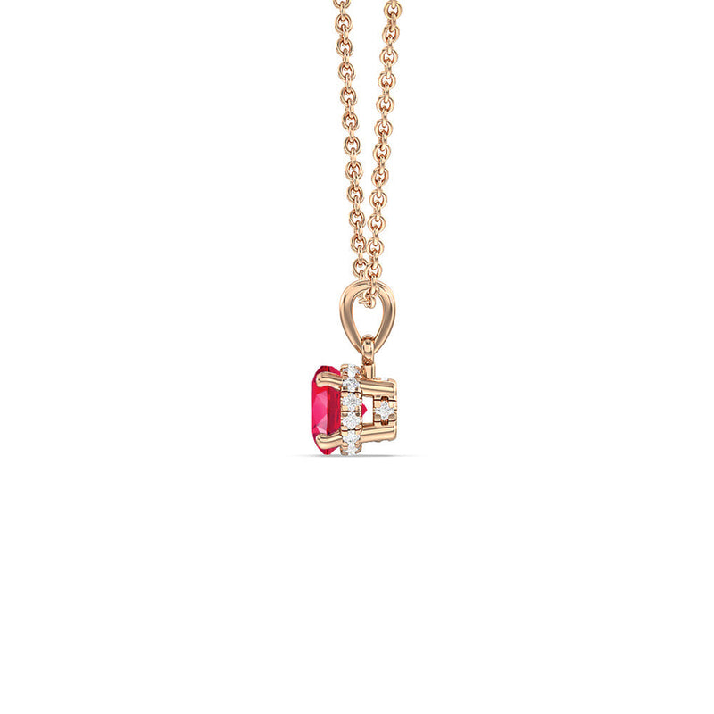 Round Created Ruby and Lab Diamond Classic Solitaire Under Halo Pendant