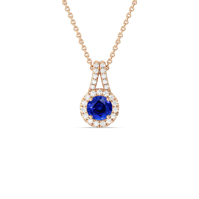 Round Created Sapphire and Lab Diamond Classic Halo Pendant With Studded Split Bale