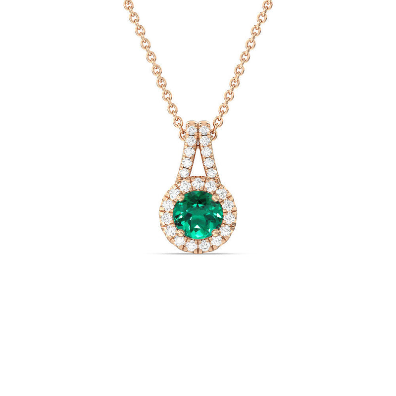 Round Shape Created Emerald and Lab Diamond Classic Halo Pendant With Studded Split Bale