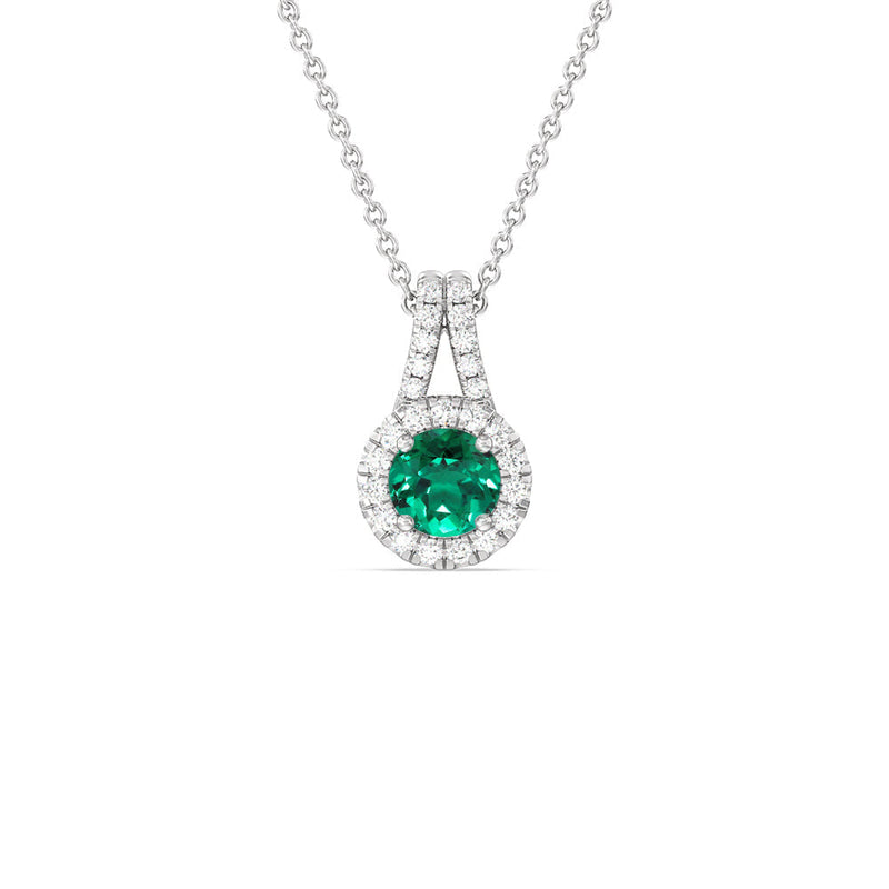 Round Shape Created Emerald and Lab Diamond Classic Halo Pendant With Studded Split Bale