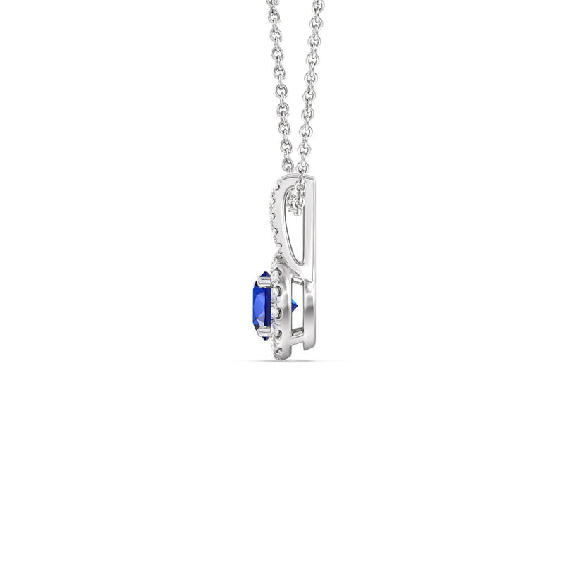 Round Created Sapphire and Lab Diamond Classic Halo Pendant With Studded Split Bale