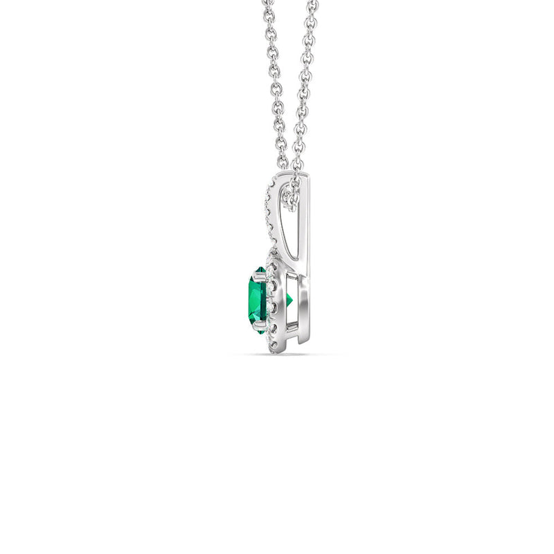 Round Shape Created Emerald and Lab Diamond Classic Halo Pendant With Studded Split Bale
