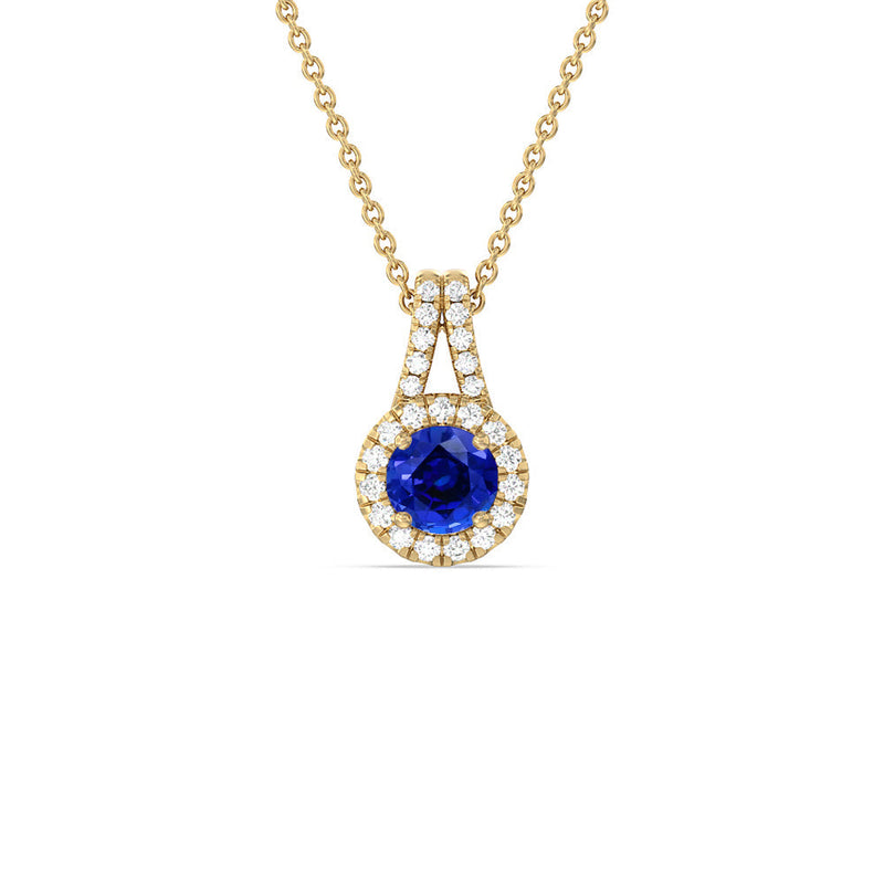 Round Created Sapphire and Lab Diamond Classic Halo Pendant With Studded Split Bale