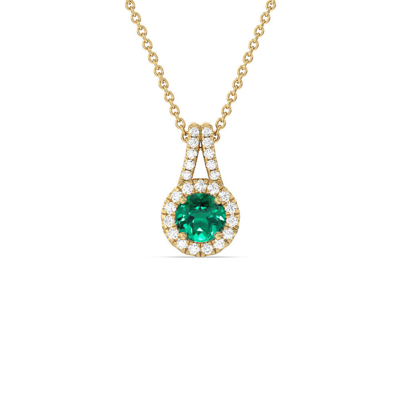 Round Shape Created Emerald and Lab Diamond Classic Halo Pendant With Studded Split Bale