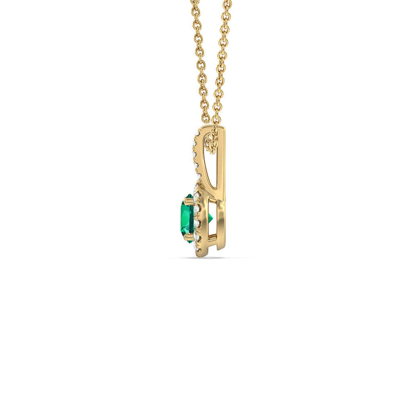 Round Shape Created Emerald and Lab Diamond Classic Halo Pendant With Studded Split Bale