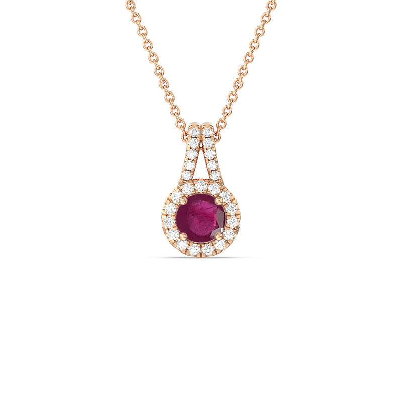 Round Ruby and Lab Diamond Classic Halo Pendant With Studded Split Bale