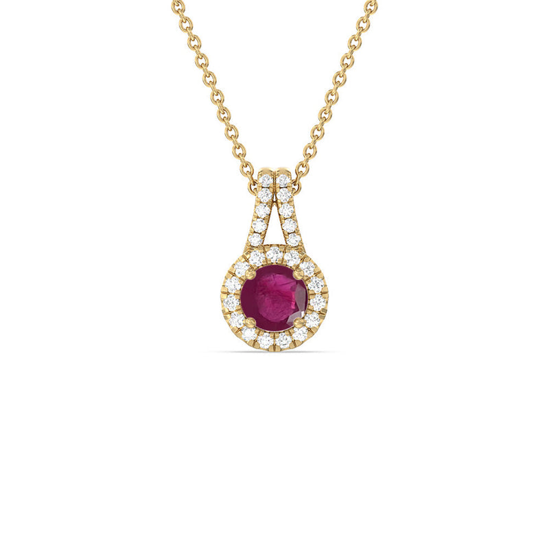 Round Ruby and Lab Diamond Classic Halo Pendant With Studded Split Bale