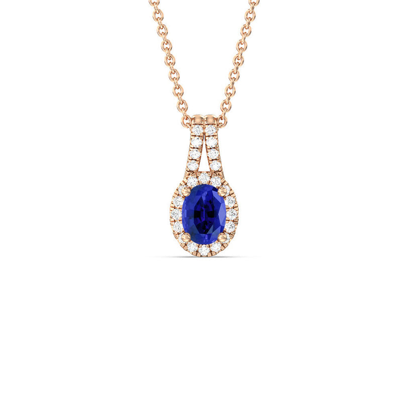 Oval Created Sapphire and Lab Diamond Classic Halo Pendant With Studded Split Bale