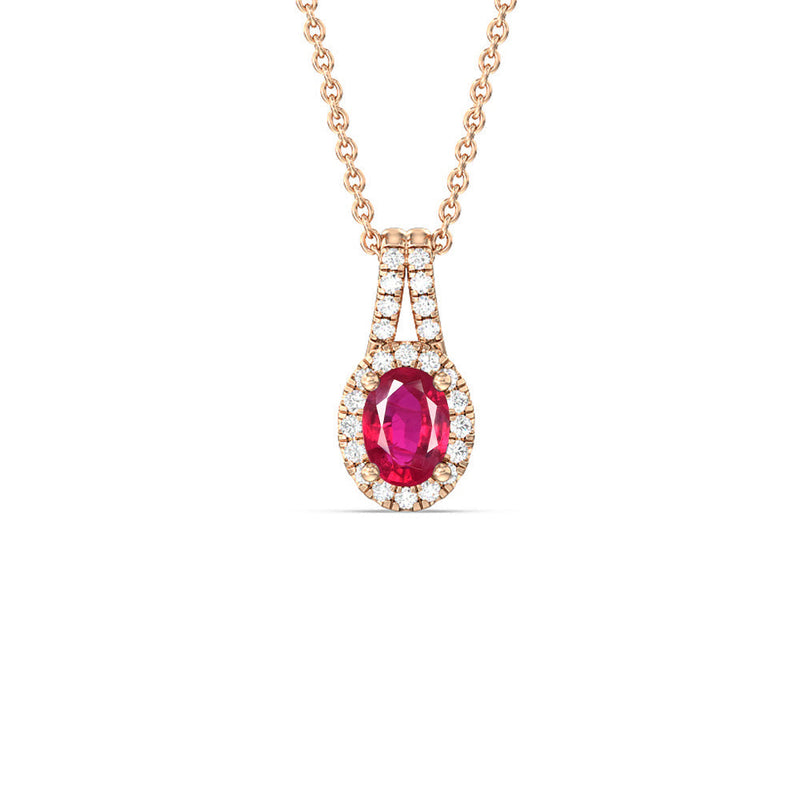 Oval Created Ruby and Lab Diamond Classic Halo Pendant With Studded Split Bale