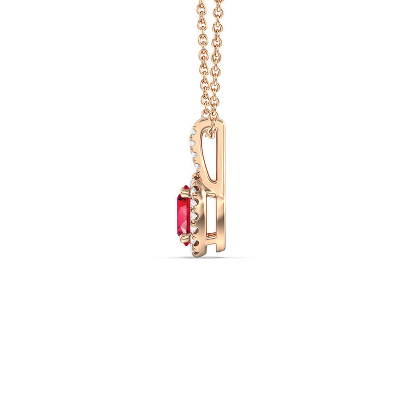 Oval Created Ruby and Lab Diamond Classic Halo Pendant With Studded Split Bale