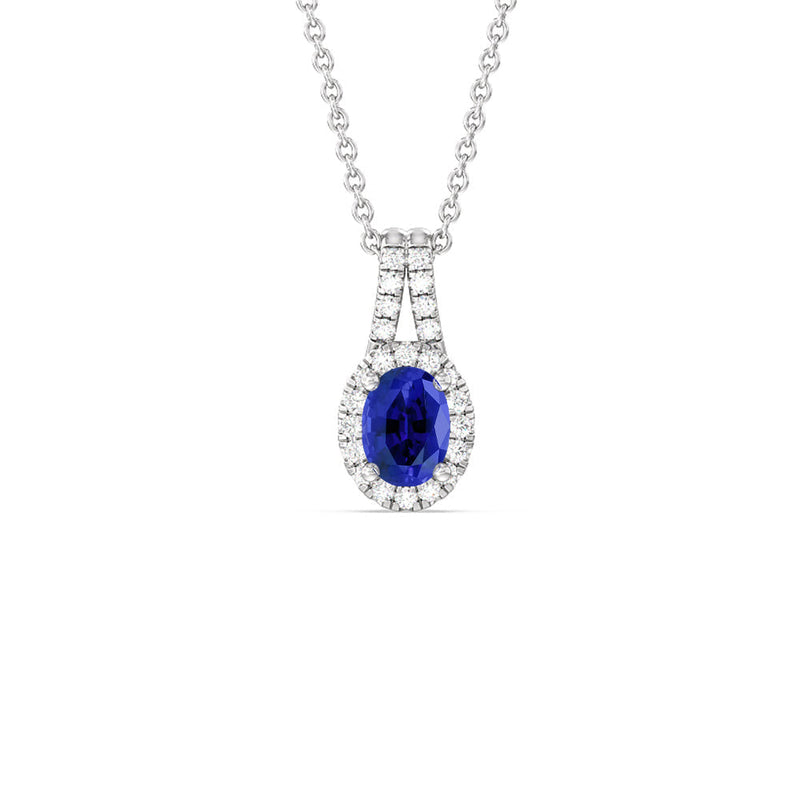 Oval Created Sapphire and Lab Diamond Classic Halo Pendant With Studded Split Bale