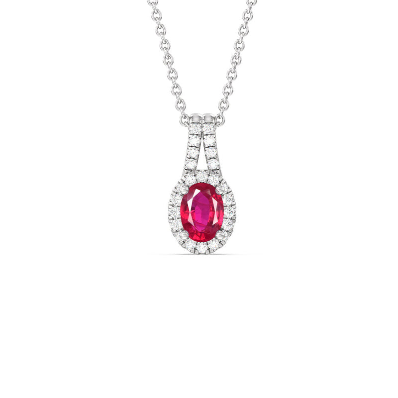 Oval Created Ruby and Lab Diamond Classic Halo Pendant With Studded Split Bale