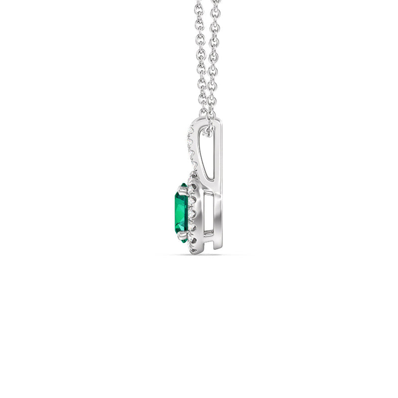 Oval Shape Created Emerald and Lab Diamond Classic Halo Pendant With Studded Split Bale