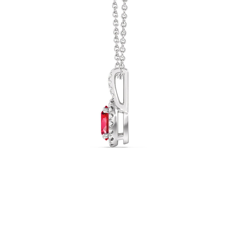 Oval Created Ruby and Lab Diamond Classic Halo Pendant With Studded Split Bale