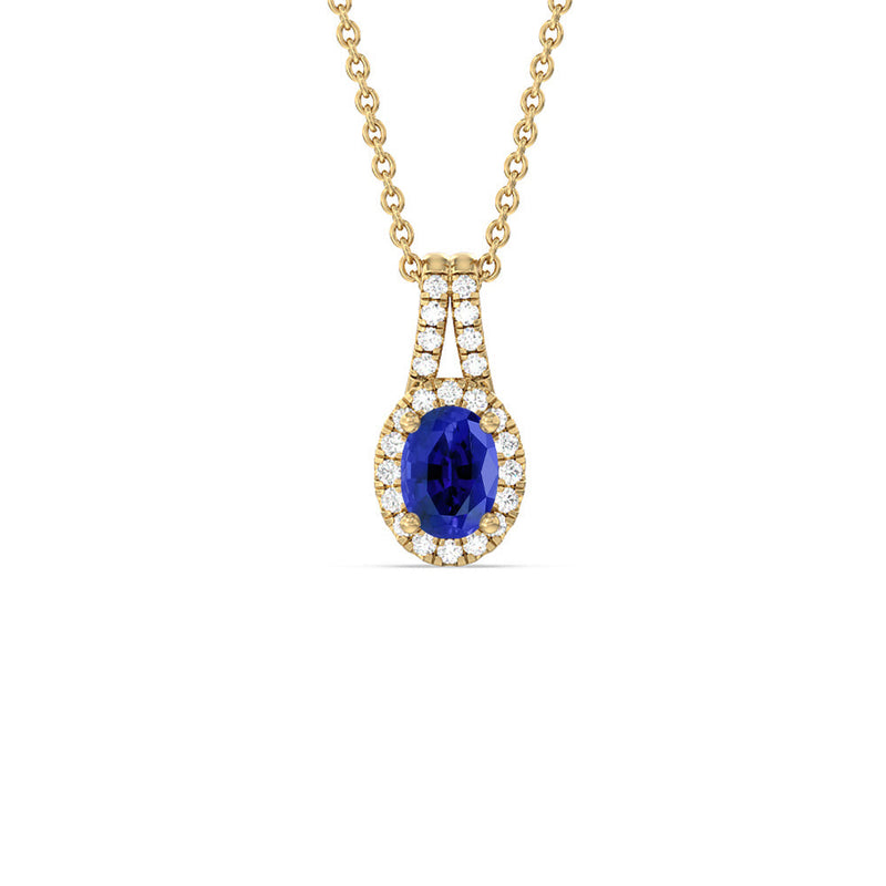 Oval Created Sapphire and Lab Diamond Classic Halo Pendant With Studded Split Bale