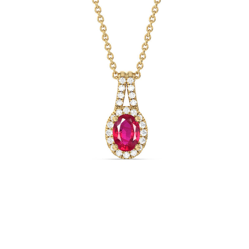Oval Created Ruby and Lab Diamond Classic Halo Pendant With Studded Split Bale