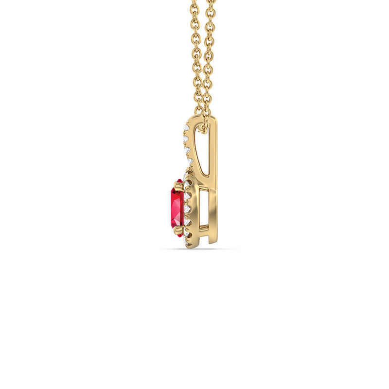 Oval Created Ruby and Lab Diamond Classic Halo Pendant With Studded Split Bale