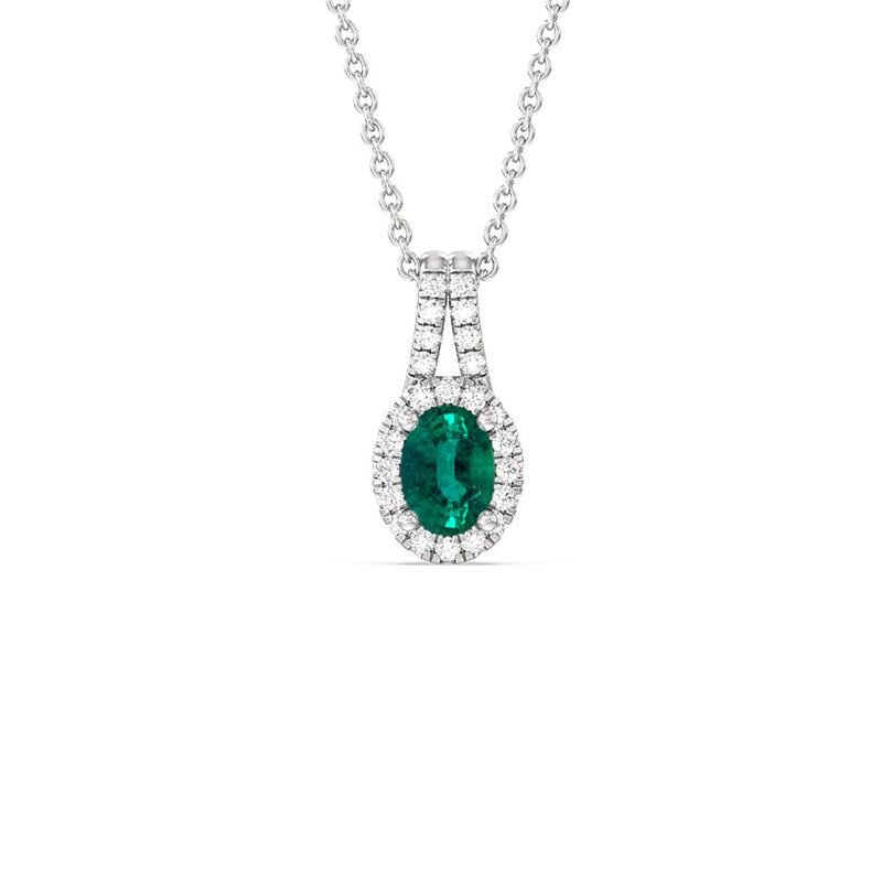 Oval Shape Emerald and Lab Diamond Classic Halo Pendant With Studded Split Bale