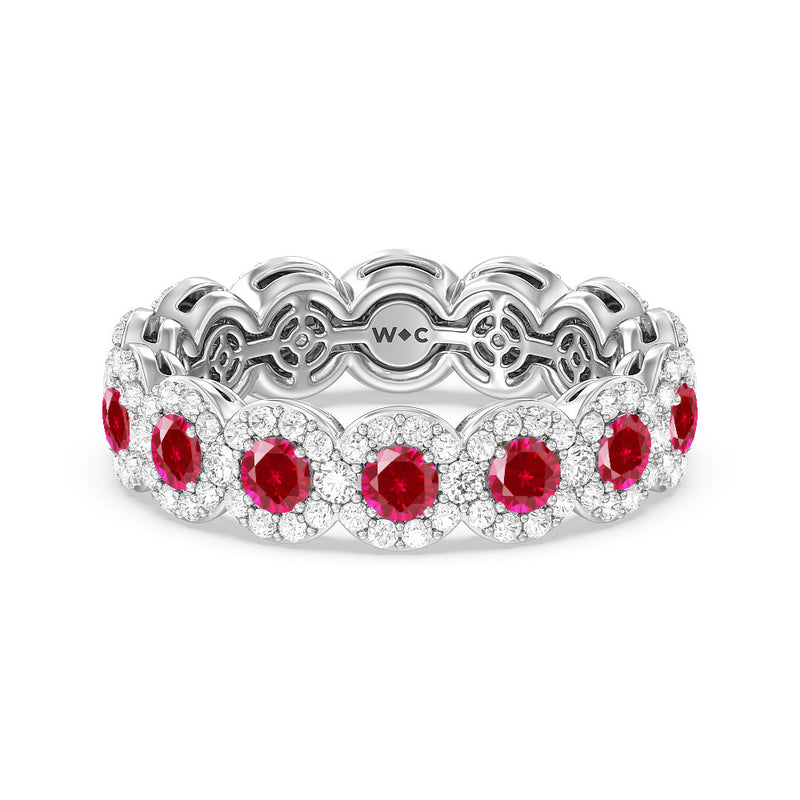 Created Ruby Round Halo Eternity Ring