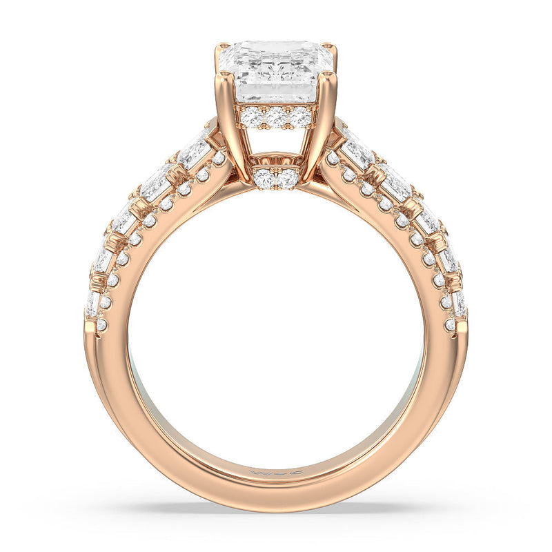 Emerald Side Stone Broad Band Hidden Halo Engagement Ring