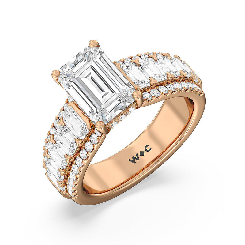 Emerald Side Stone Broad Band Hidden Halo Engagement Ring