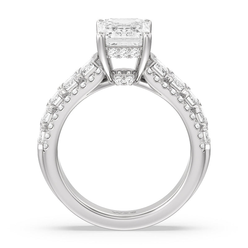 Emerald Side Stone Broad Band Hidden Halo Engagement Ring