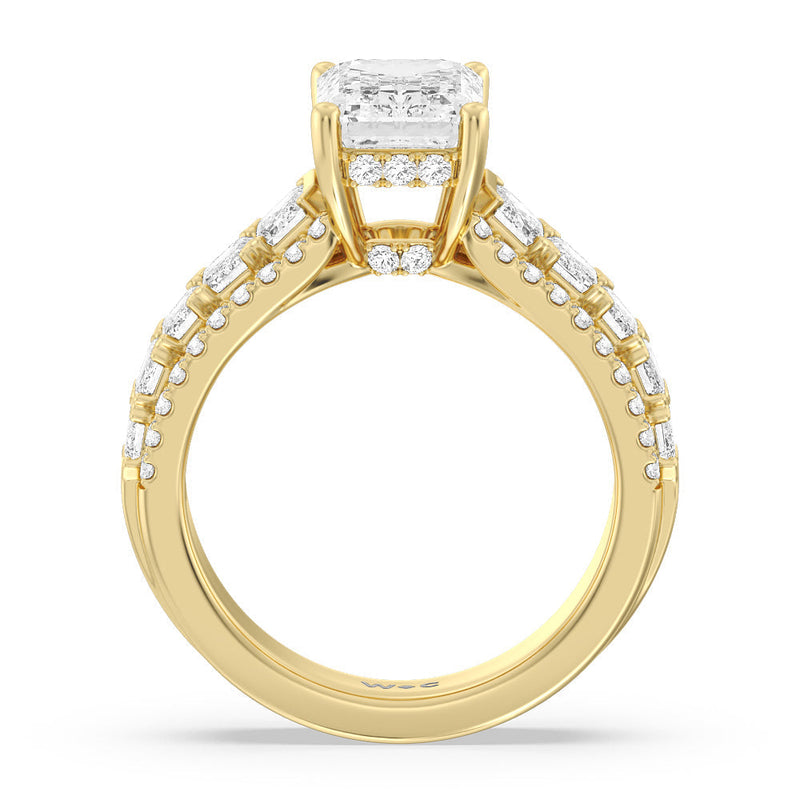 Emerald Side Stone Broad Band Hidden Halo Engagement Ring