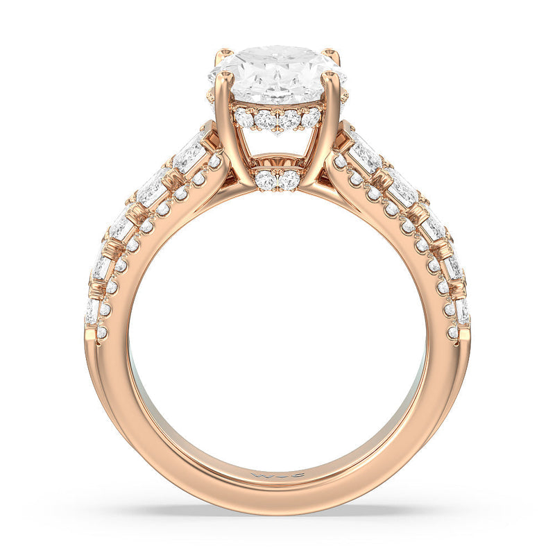 Emerald Side Stone Broad Band Hidden Halo Engagement Ring