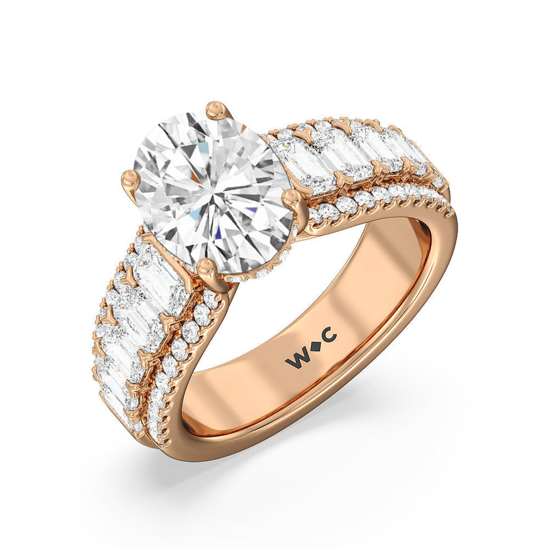 Emerald Side Stone Broad Band Hidden Halo Engagement Ring