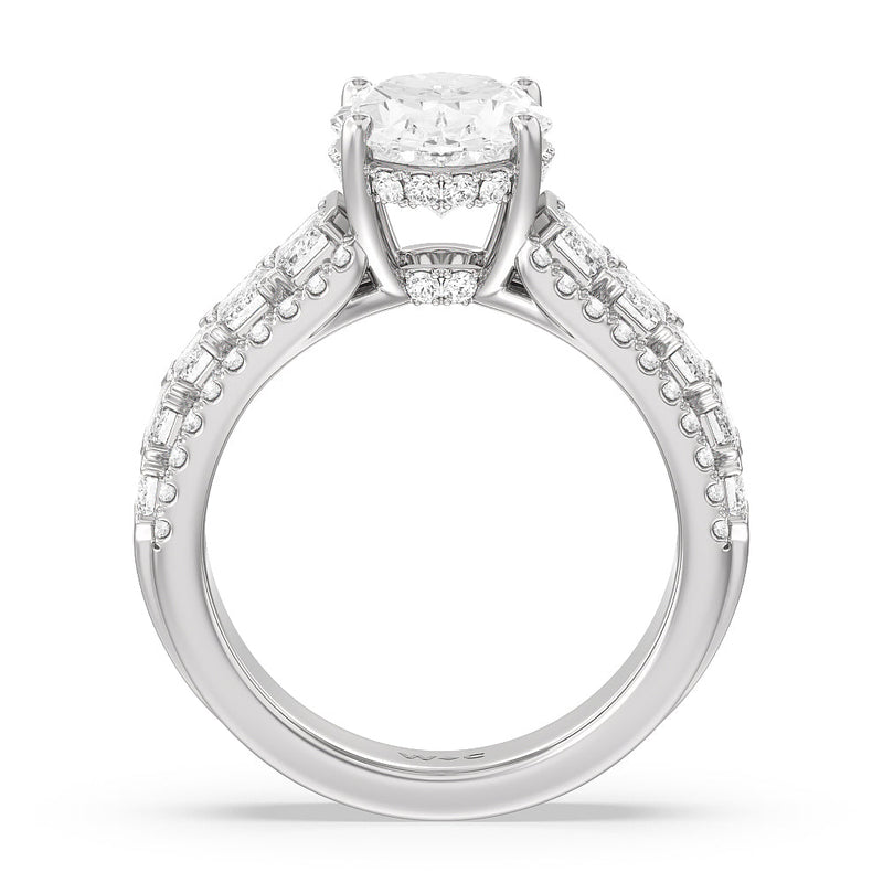 Emerald Side Stone Broad Band Hidden Halo Engagement Ring