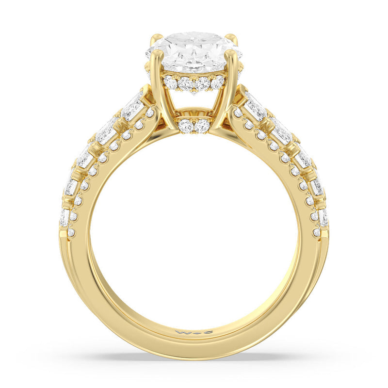Emerald Side Stone Broad Band Hidden Halo Engagement Ring