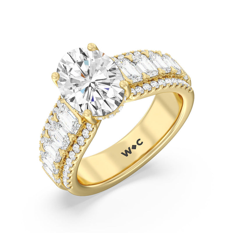 Emerald Side Stone Broad Band Hidden Halo Engagement Ring