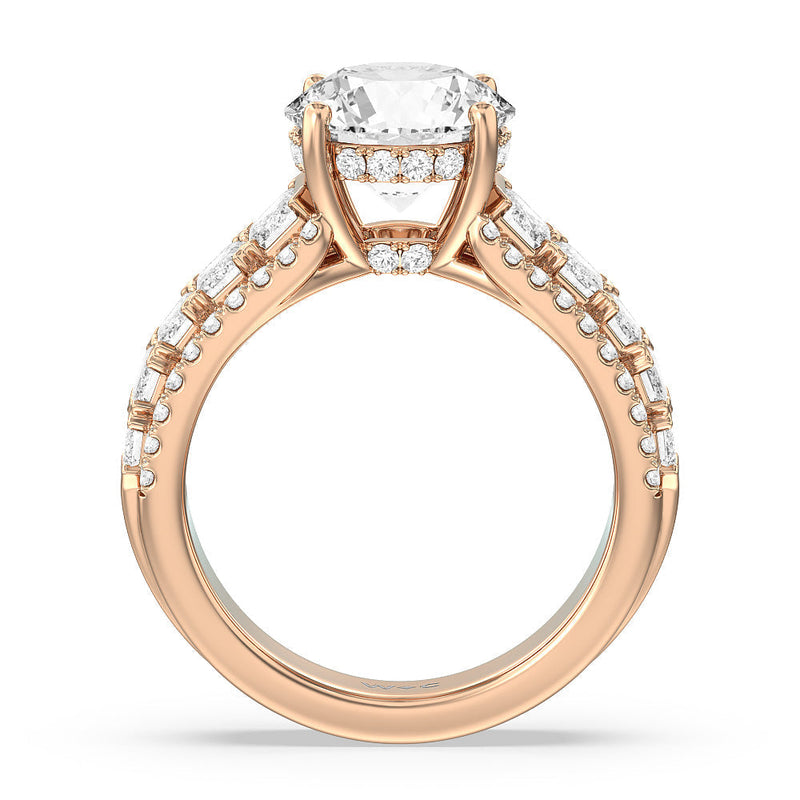 Emerald Side Stone Broad Band Hidden Halo Engagement Ring
